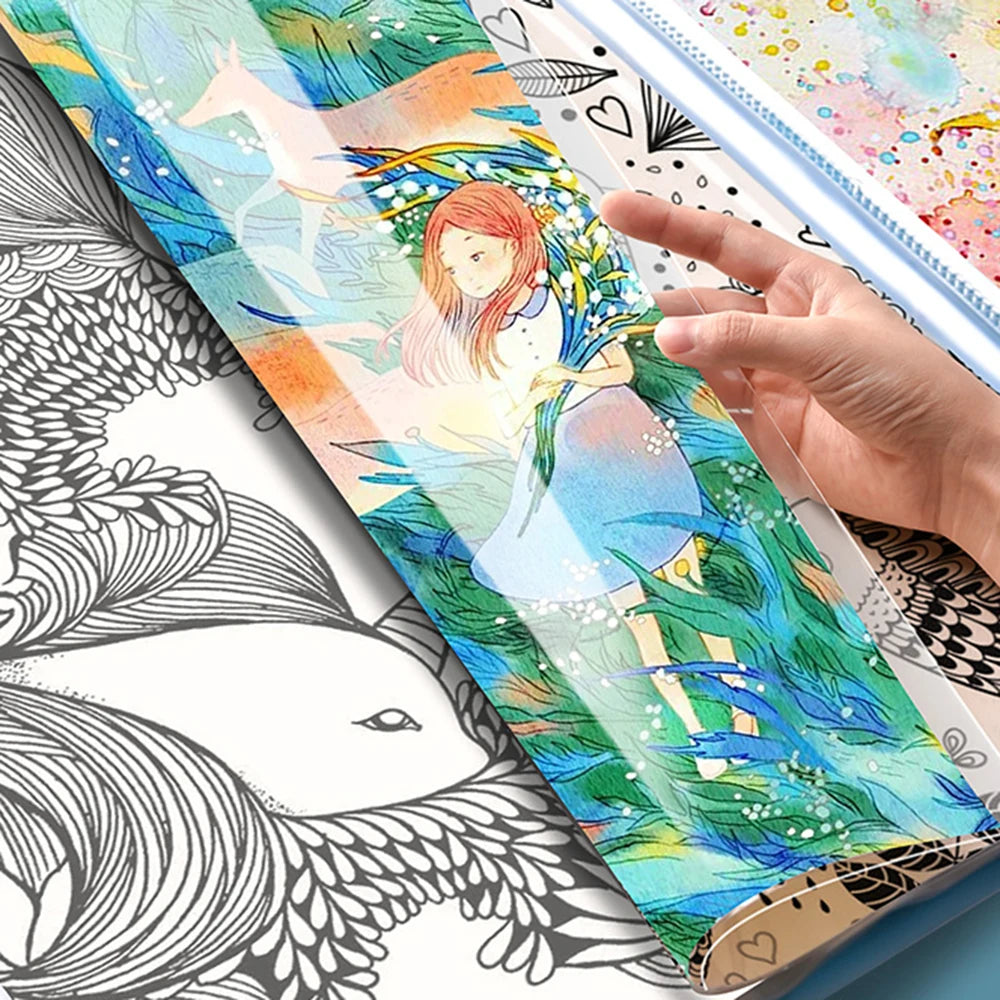 A hand is holding an open diamond painting storage book showing colorful artwork and a black line drawing.