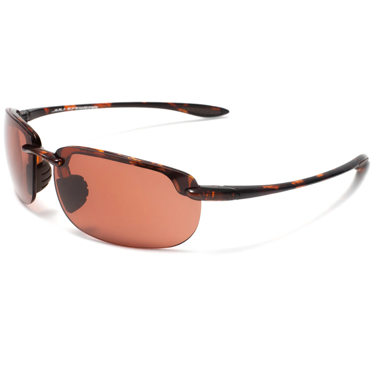 Rimless polarized sports sunglasses with an orange-tinted lens and black frame