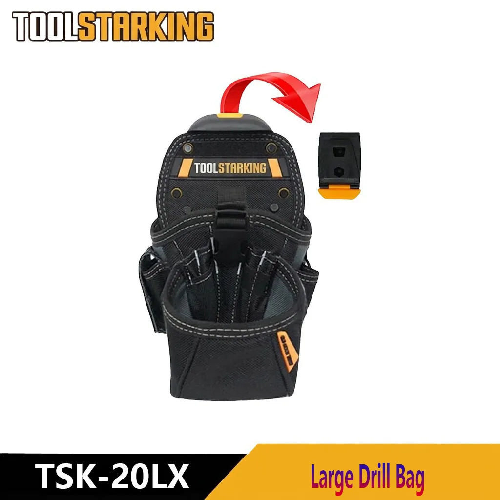 Toolstarking large drill bag featuring multiple pockets and a red pull tab