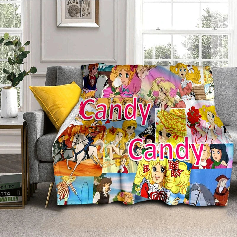 Cartoon Anime Flannel Throw Blanket in Candy Girl Design