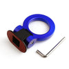A blue and black sporty trailer hook decorative accent for cars.