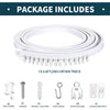 A package of 6.6ft curtain track, including end covers, screws, drywall anchors, iron hooks, track rollers, and ceiling brack