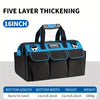 A black and blue five-layer thickening tool bag with handles and multiple pockets is shown.