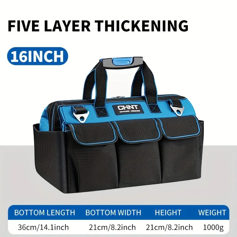 A black and blue five-layer thickening tool bag with handles and multiple pockets is shown.