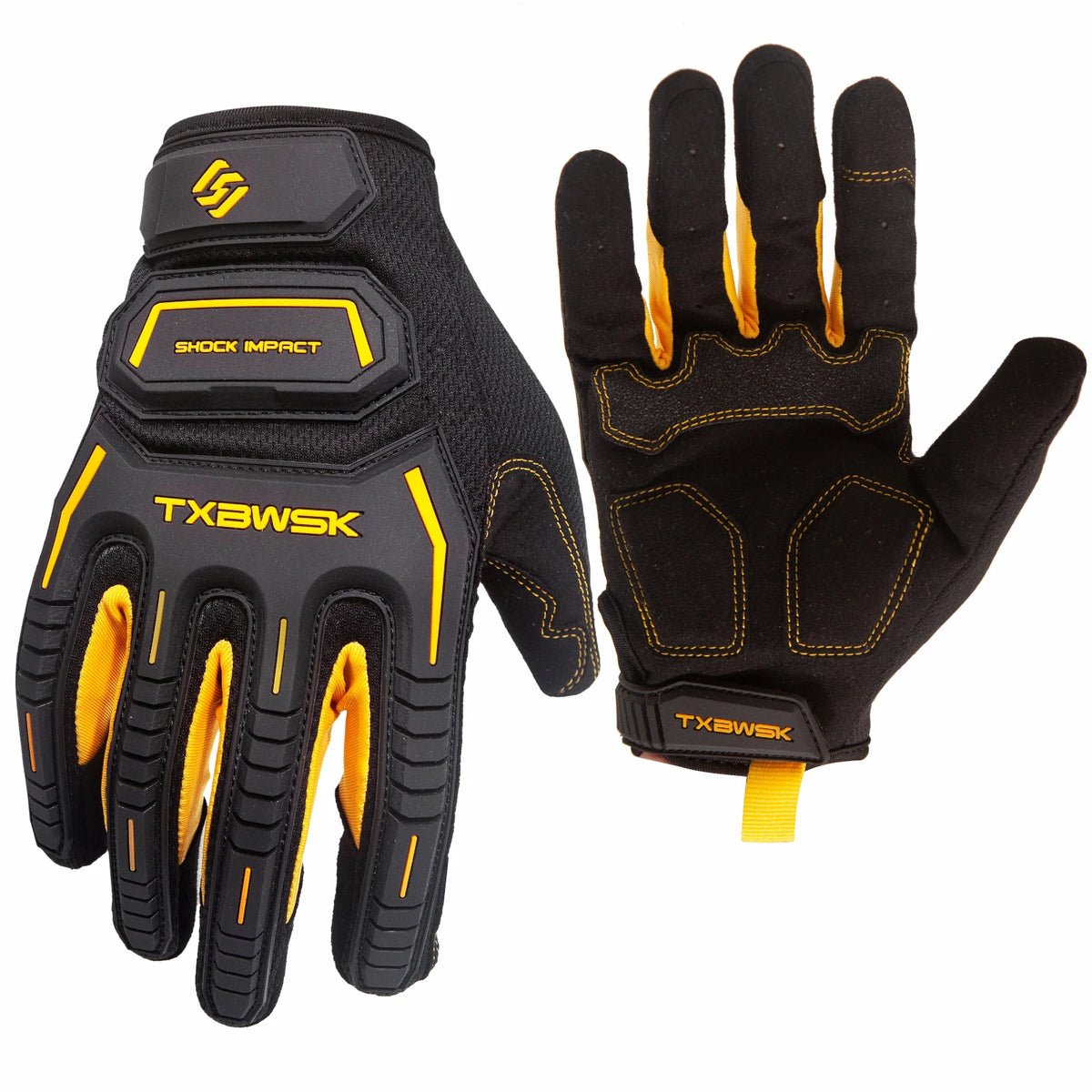 A pair of black and yellow TXBWSK work gloves shown against a white background.