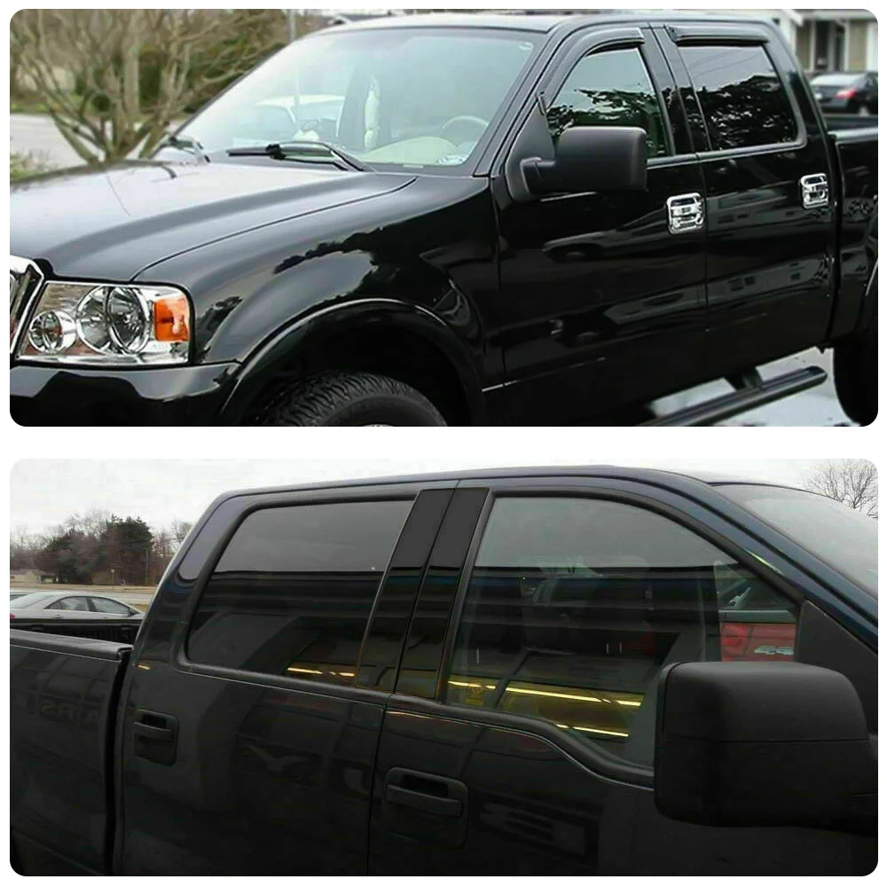Glossy black pillar post trim set for a Ford F-150 truck shown in close-up views.