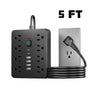 A black 8-outlet surge protector power strip with 6 USB ports and a 5-foot cord.