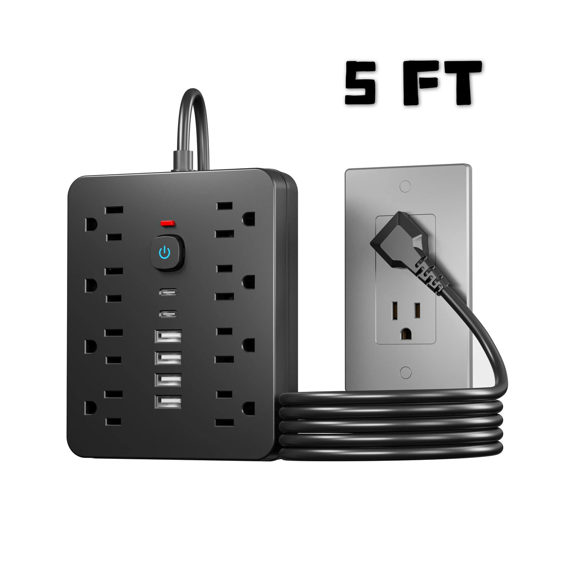A black 8-outlet surge protector power strip with 6 USB ports and a 5-foot cord.