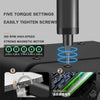 A precision screwdriver set with five torque settings and a strong magnetic motor, showing the tool tip and battery.