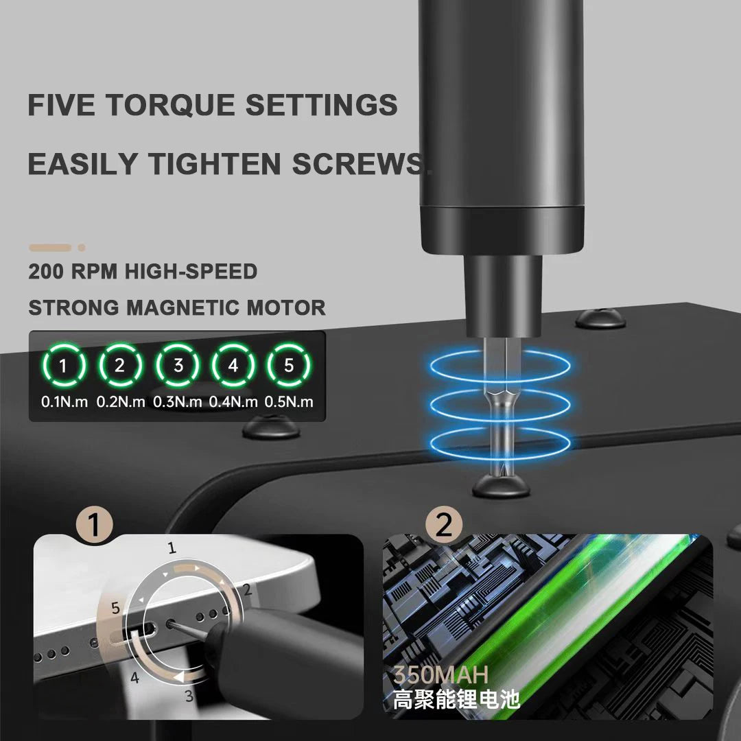 A precision screwdriver set with five torque settings and a strong magnetic motor, showing the tool tip and battery.