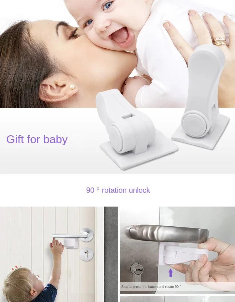 A white child safety door lever lock is shown being installed on a door handle, demonstrating a 90 degree rotation unlock fea