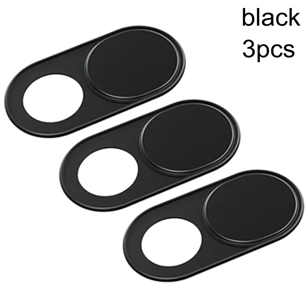 Three black ultra-slim magnetic webcam covers for laptops, tablets, and phones