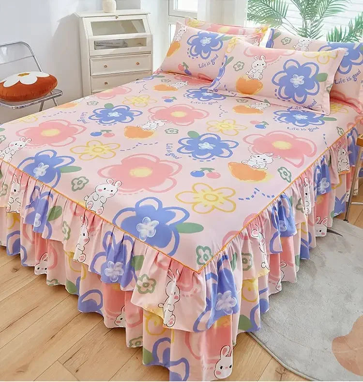 Floral Bed Skirt Set with Anti-Slip Mattress Cover