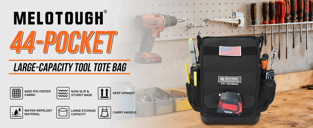 A black tool tote bag with numerous pockets and tools is displayed on a wooden surface.