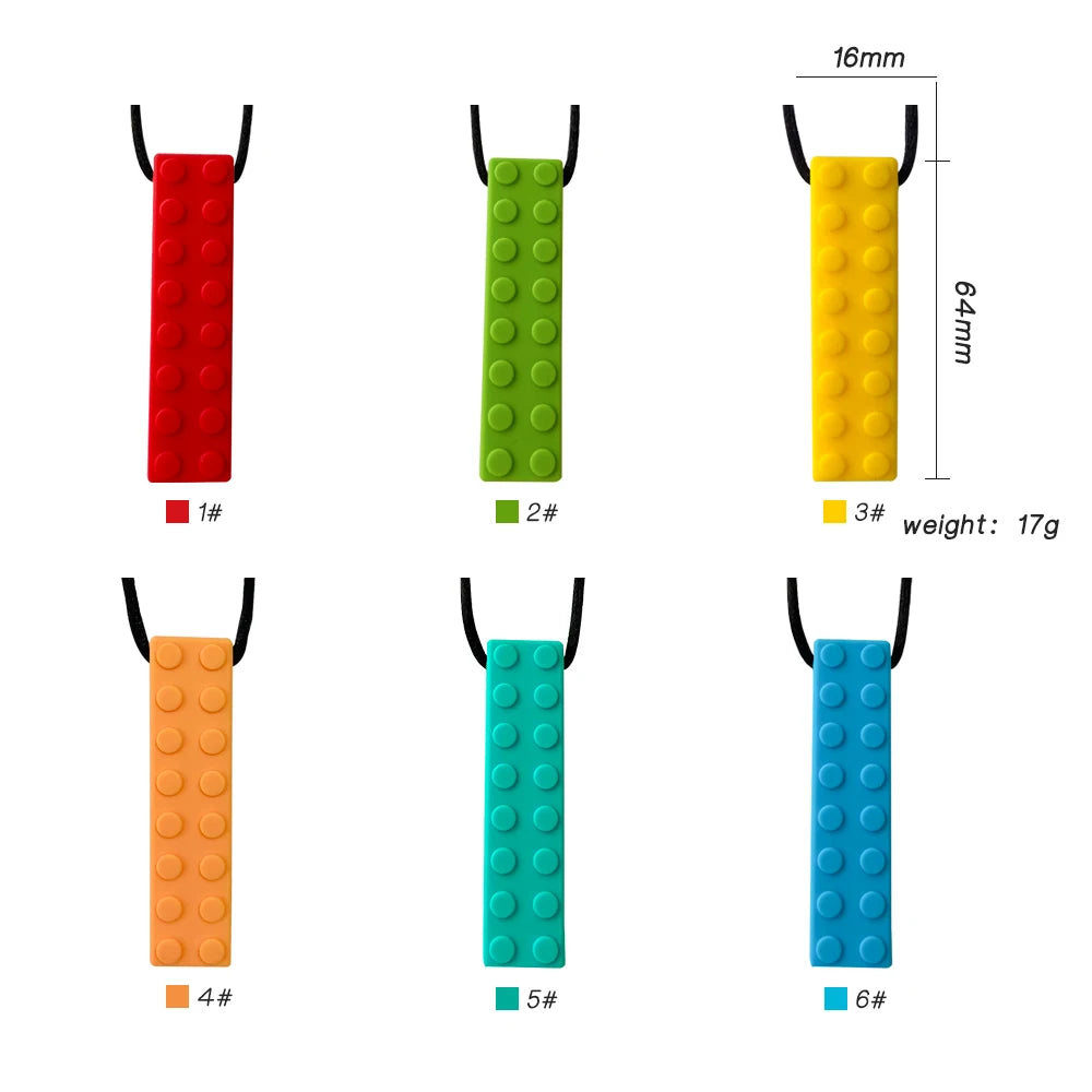 Six silicone sensory chew necklaces in red, green, yellow, orange, teal, and blue stacked vertically.