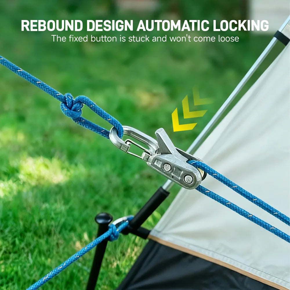 Close-up of a blue rope secured by a metal locking clip on a tent, demonstrating rebound design automatic locking.