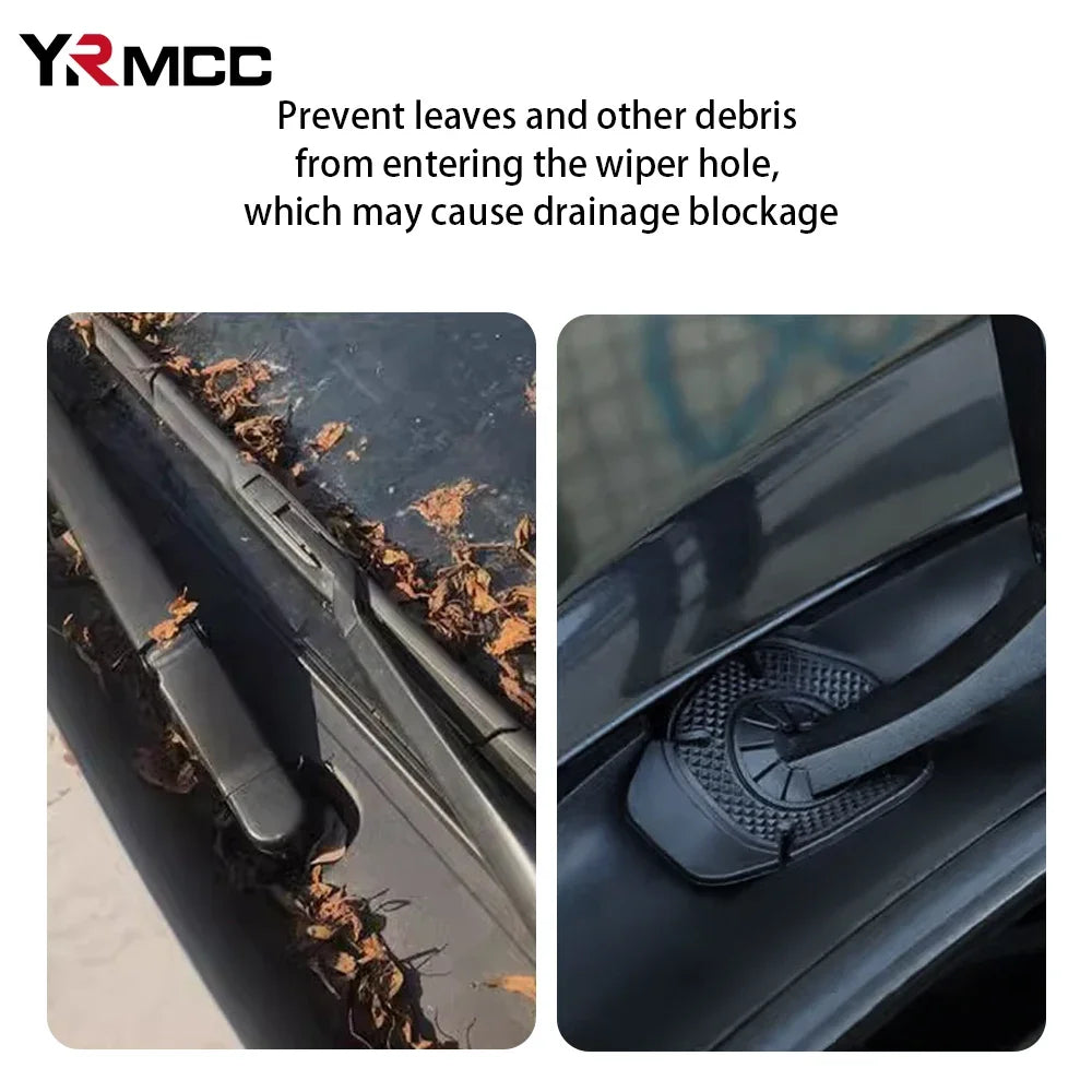 Close-up view of a car windshield wiper hole with debris, showing protective covers designed to prevent blockage.