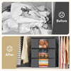 Before and after comparison showing the organization of folded quilts, blankets, and seasonal clothing in storage bags.