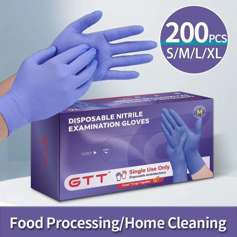 Box of disposable nitrile examination gloves with a hand wearing a purple glove demonstrating the product.
