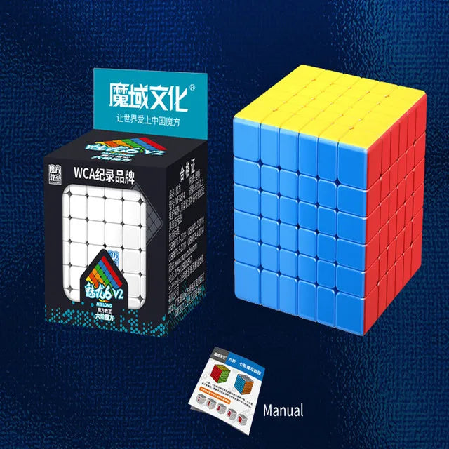 A stack of yellow and red cubes representing the Meilong Series Speed Cube for Kids and Adults, next to its manual.