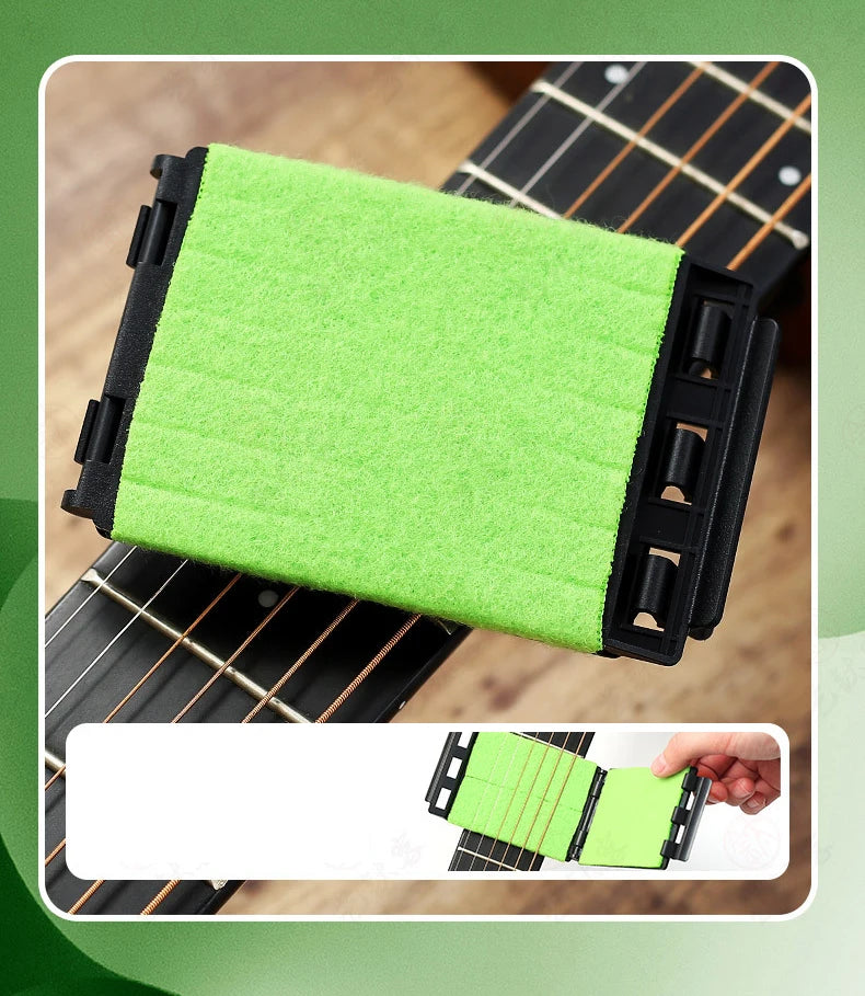 A bright green microfiber cleaning cloth is shown placed on a guitar fretboard.
