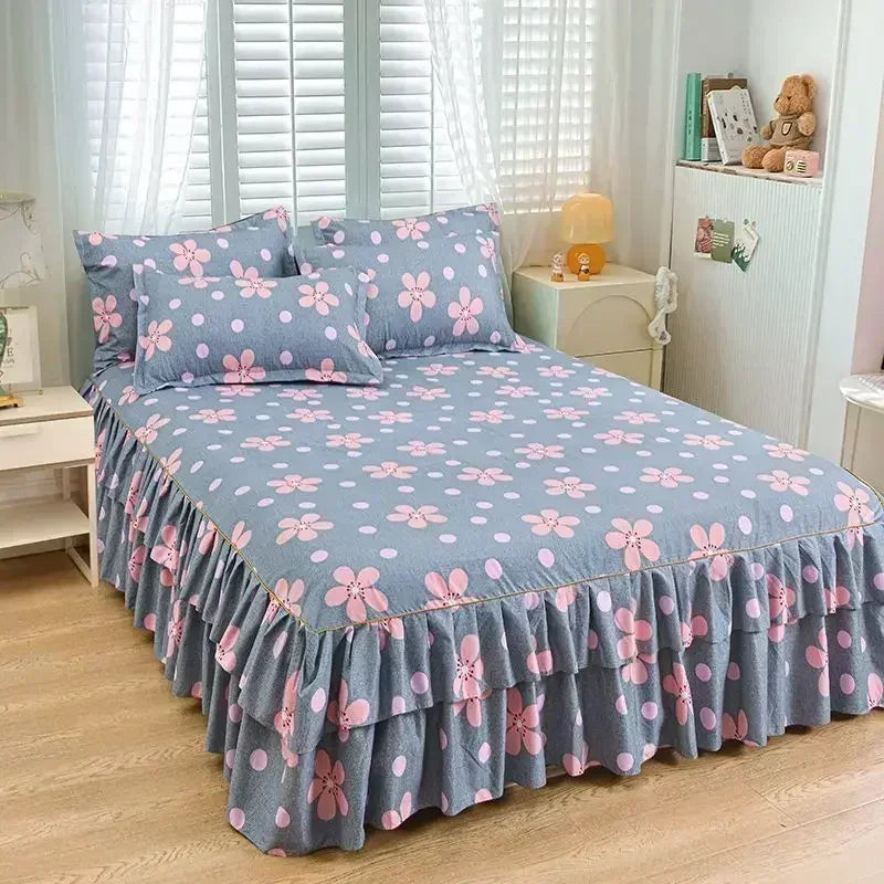 Floral Bed Skirt Set with Anti-Slip Mattress Cover