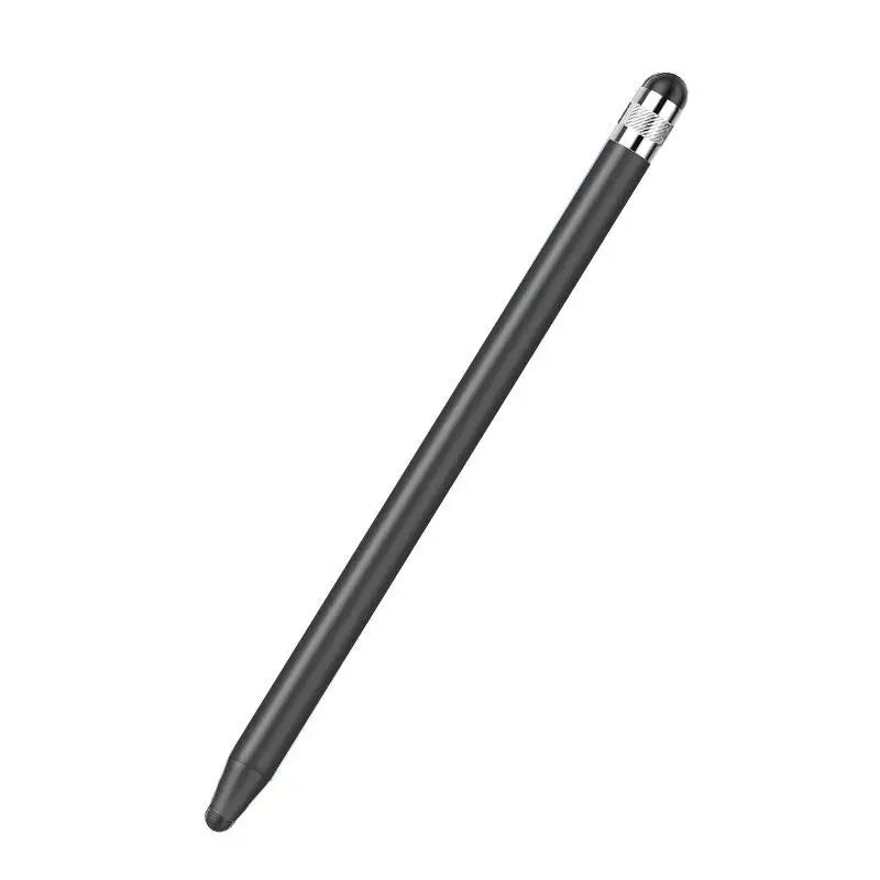 A black dual-nib capacitive stylus pen shown diagonally against a white background.