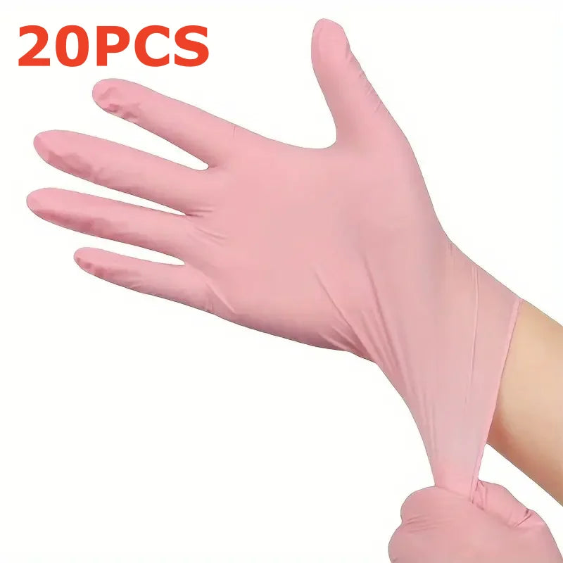 A hand wearing a pink disposable nitrile glove is shown, with the text 20PCS visible.
