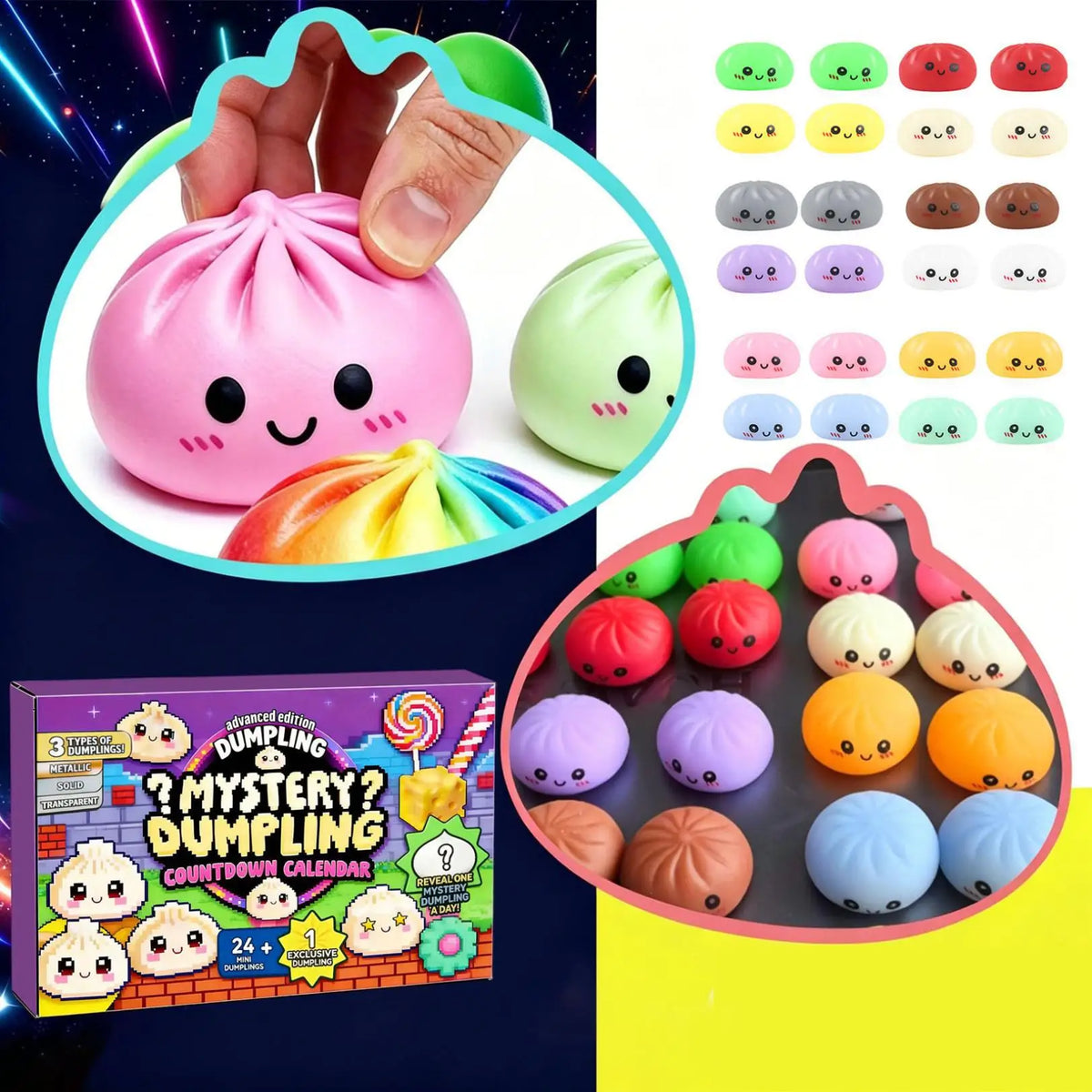 A pink squishy dumpling fidget toy with a cute face is shown next to various colored and shaped squishies.