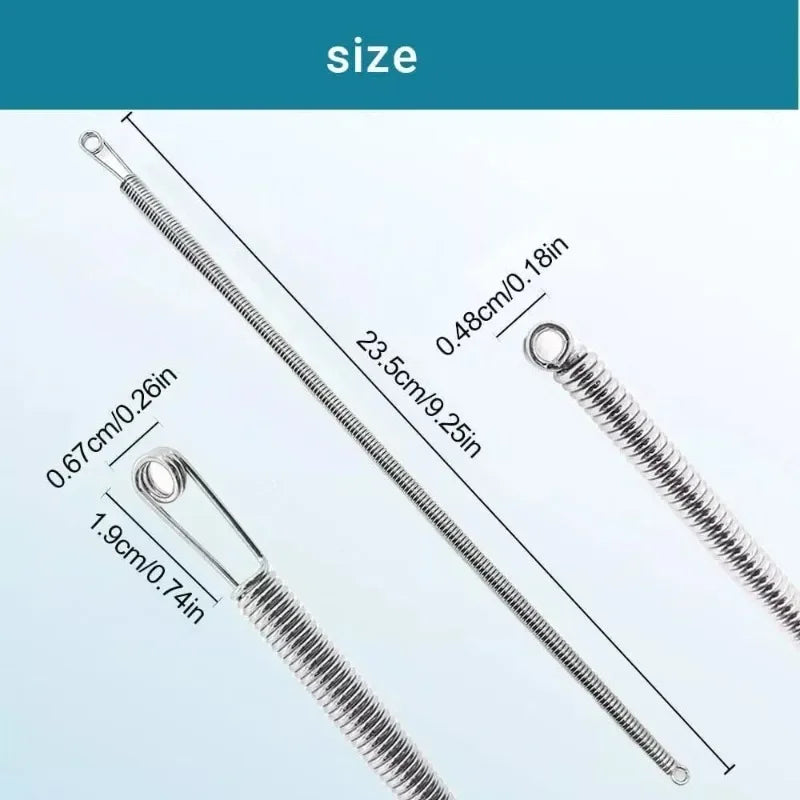 A close-up view of a spring drawstring needle threader tool showing various sizes and dimensions.