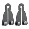 A pair of black leather headrest hooks designed as a tidy organizer for bags, groceries, and coats.