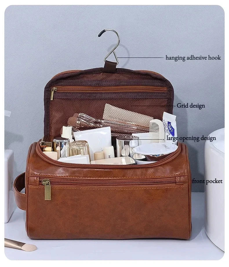 Hanging Leather Toiletry Bag with Durable Water-Resistant Design