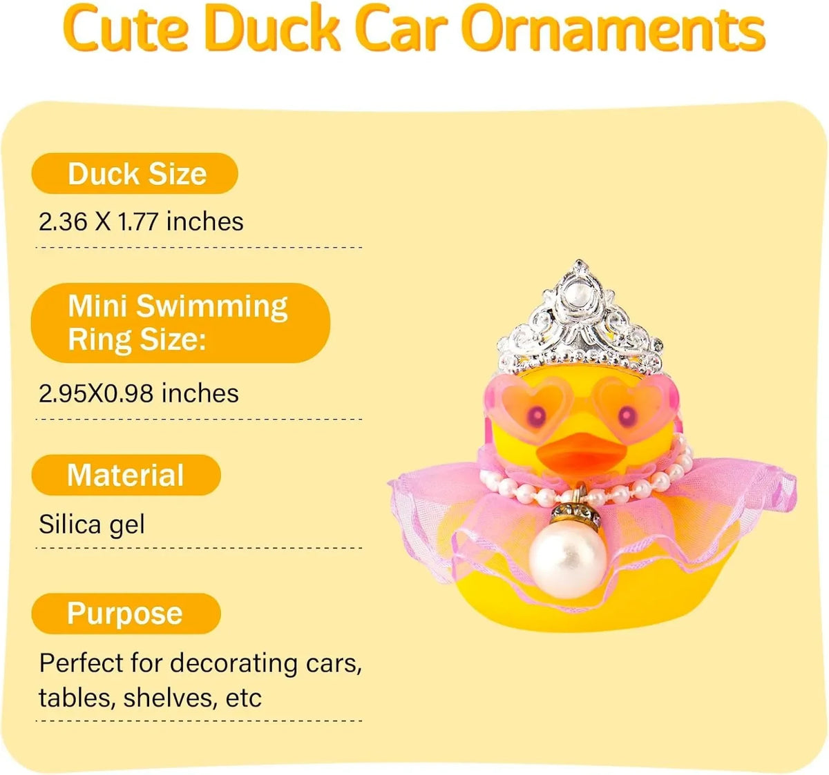 A yellow rubber duck decoration wearing a crown, sunglasses, and a pearl necklace for car or table decor.