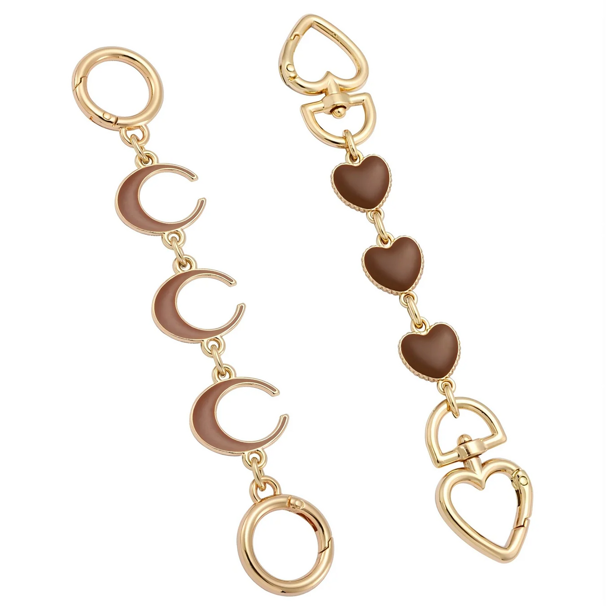 Goldfarbener Handtaschenkettenverlängerungen mit Herz- und Sichel-Charms.