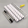 A set of paint rollers with white and purple fabric covers and aluminum alloy handles mounted on a metal frame.