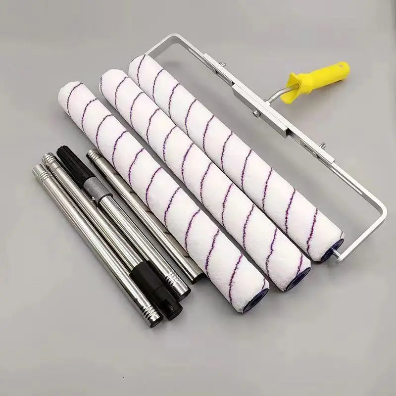 A set of paint rollers with white and purple fabric covers and aluminum alloy handles mounted on a metal frame.