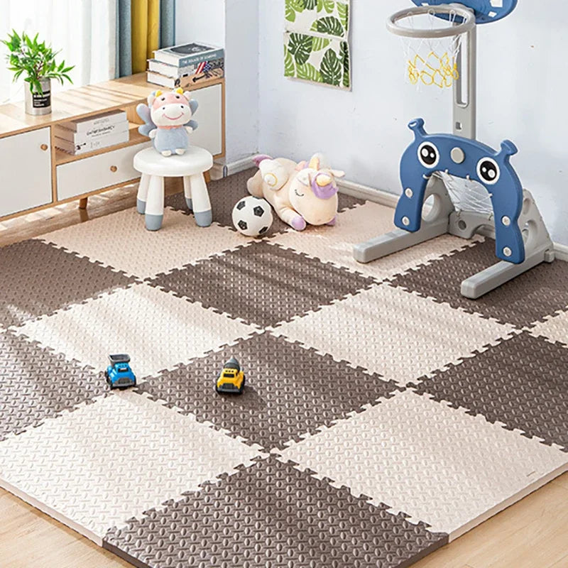 An interlocking foam play mat featuring a checkered pattern with various animal toys like a lion and a sheep.