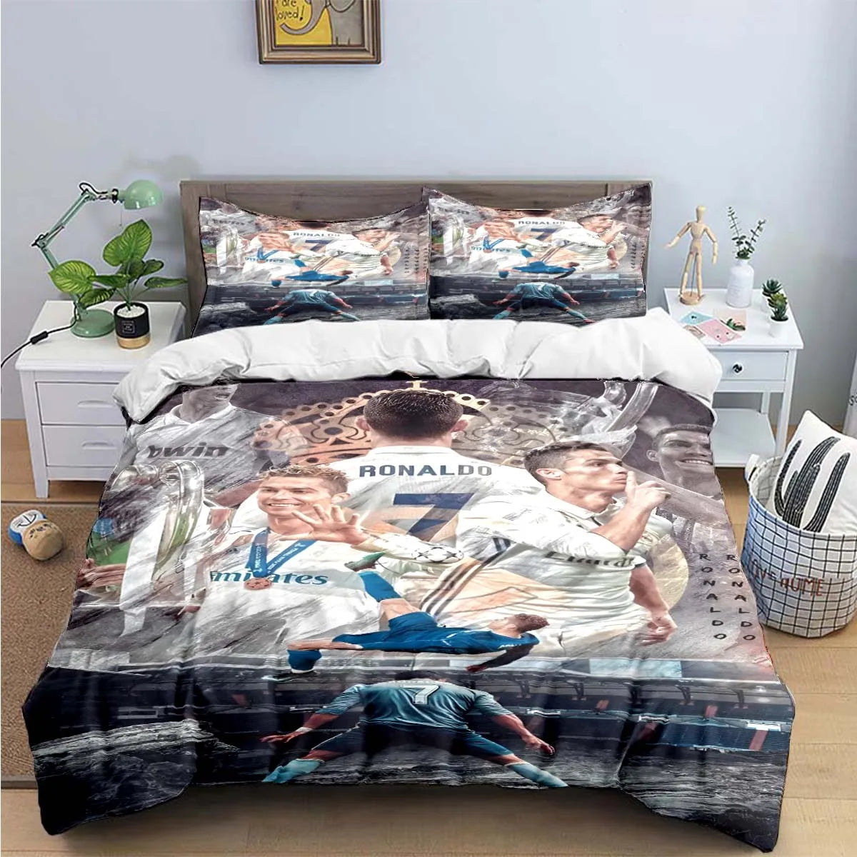 A soccer themed duvet cover featuring Ronaldo and other players in a dynamic action scene.
