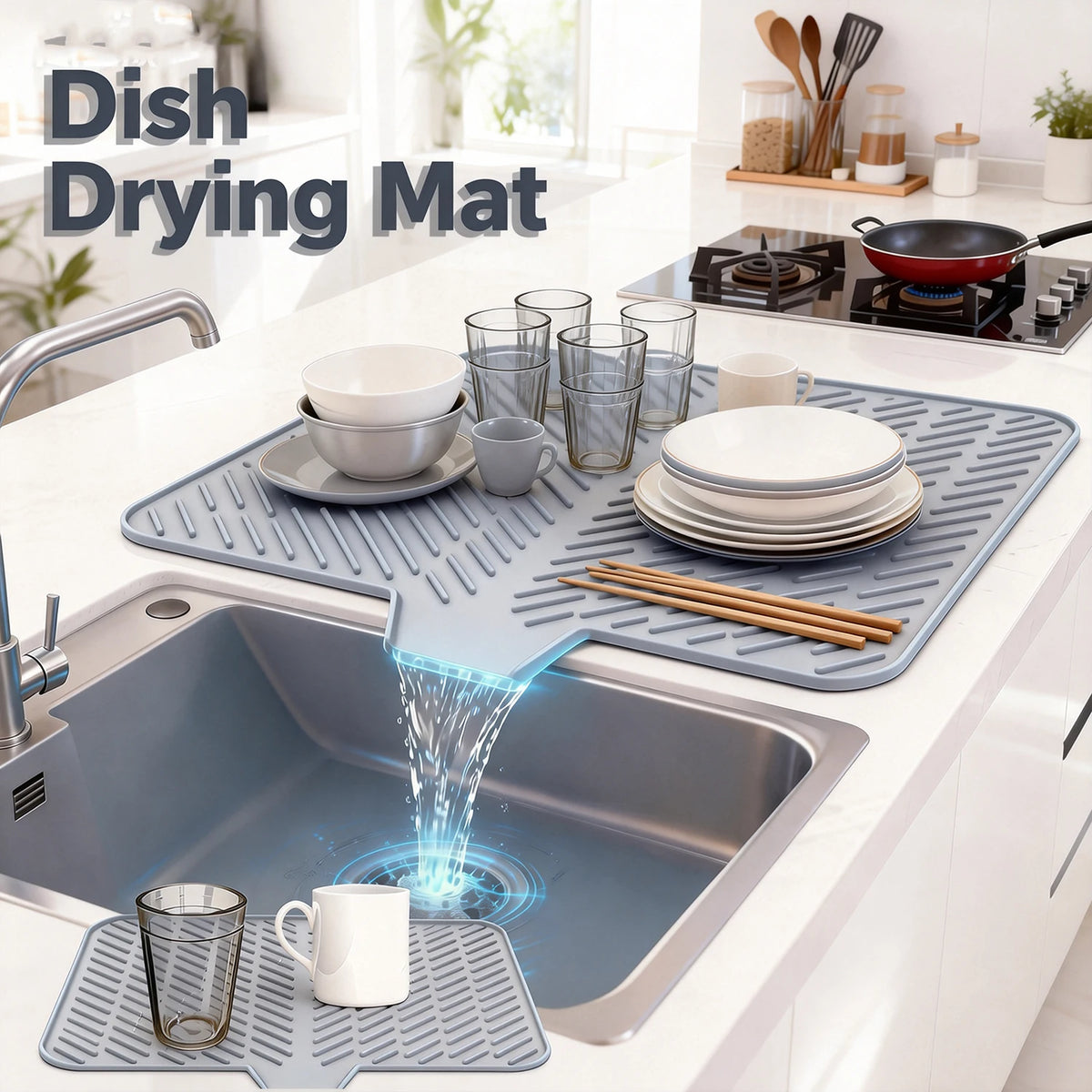 A silicone dish drying mat is shown draining water into a kitchen sink, demonstrating its function.