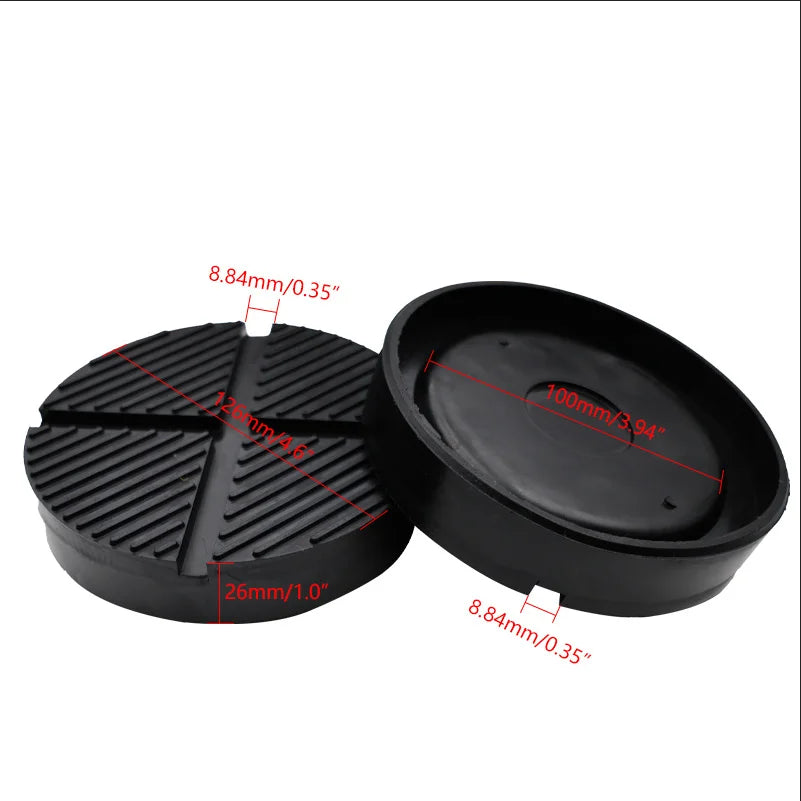 Black universal rubber jack pad with dimensions 8.84mm/0.35" and 26mm/1.0" for protecting floor jacks.