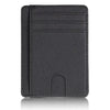 A black slim leather wallet with RFID blocking features shown from the front.