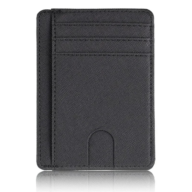 A black slim leather wallet with RFID blocking features shown from the front.