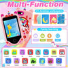 A pink smartphone toy with multiple functions and a colorful screen displaying various apps and wallpapers.