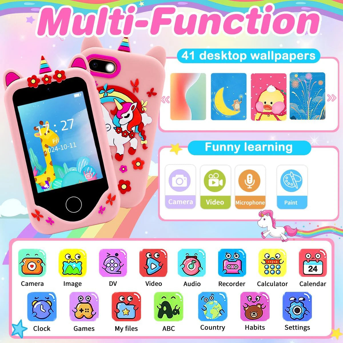 A pink smartphone toy with multiple functions and a colorful screen displaying various apps and wallpapers.