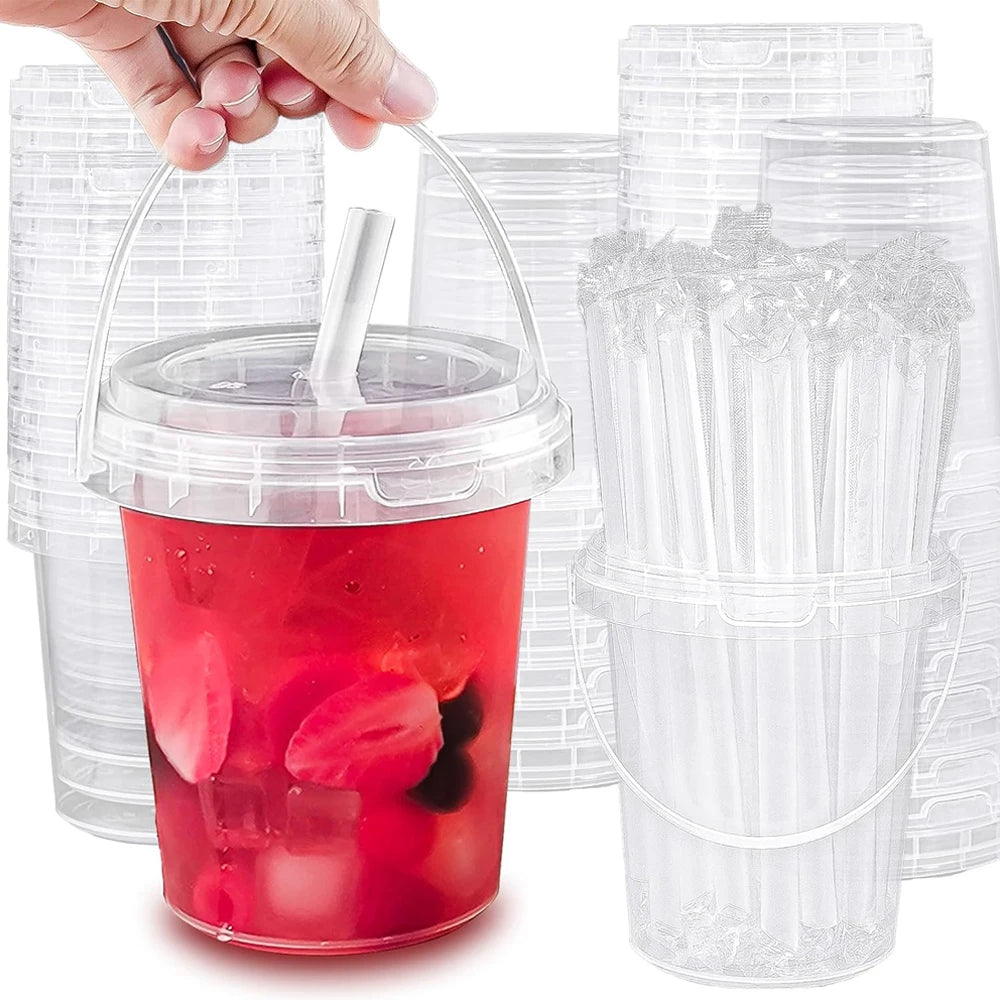 Disposable Plastic Cups with Lids and Straws for Iced Coffee, Smoothies, and Party Drinks