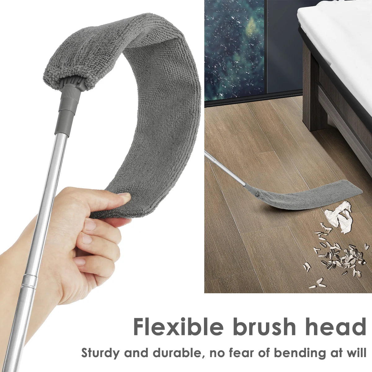 A hand holds a silver cleaning rod with a flexible gray brush head, demonstrating the duster's use.