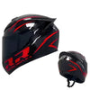 Black and red racing replica full face motorcycle helmet shown from the side.