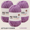 Three skeins of lavender colored silk-friendly milk cotton yarn for knitting and crochet