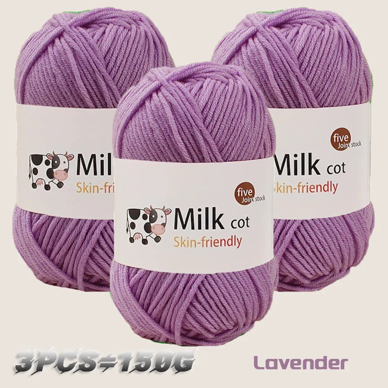 Three skeins of lavender colored silk-friendly milk cotton yarn for knitting and crochet