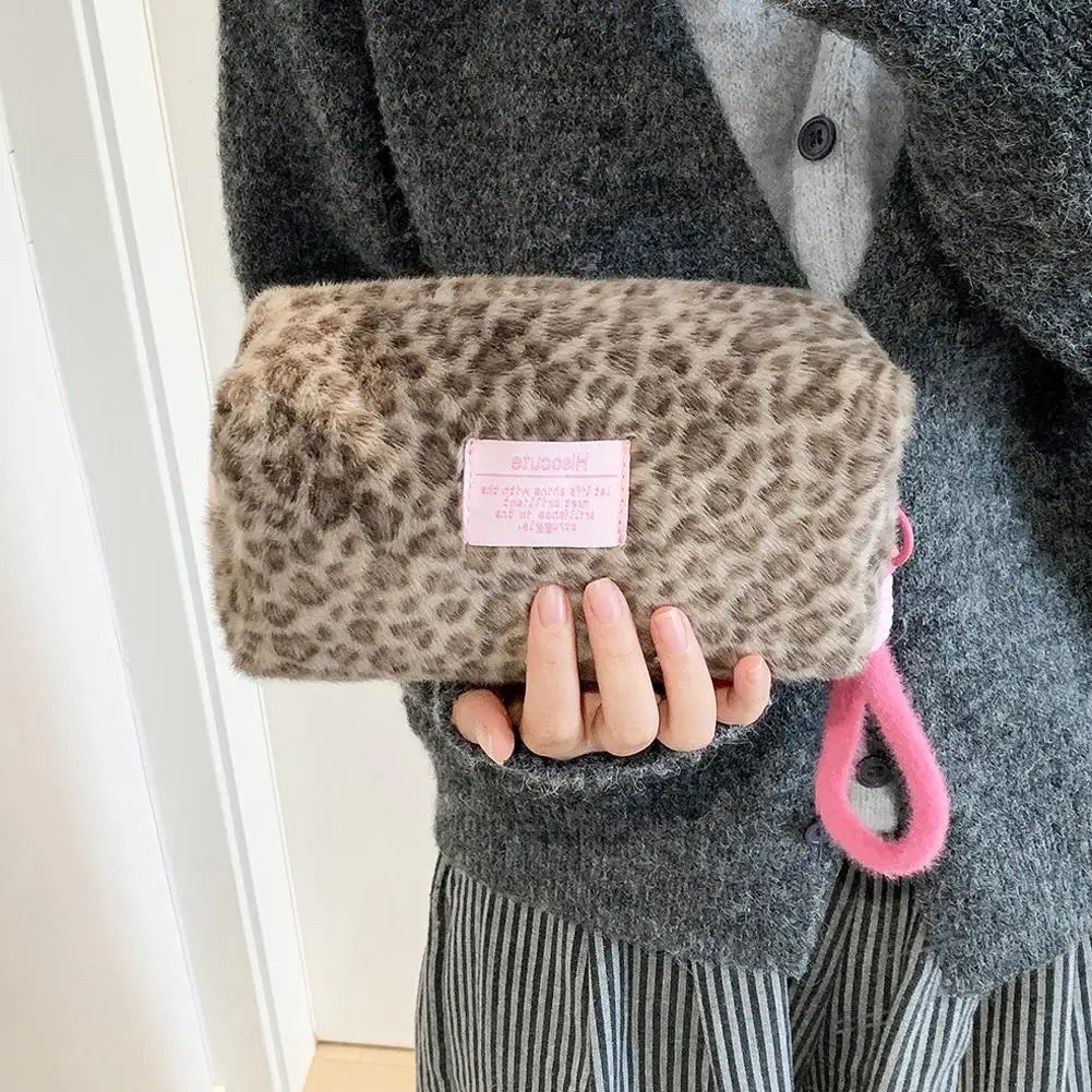 Leopard Print Plush Makeup Bag with Carry Handle